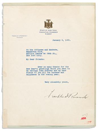 ROOSEVELT, FRANKLIN D. Archive of 19 Typed Letters Signed, 11 as President, to attorney and senator John Godfrey Saxe II,